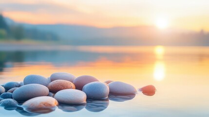 Poster - A pile of smooth stones arranged artistically on the surface of tranquil water reflecting the sky