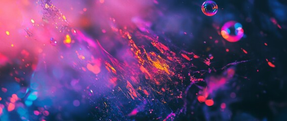 Fototapete - Colorful soap bubbles hover above dark swirling water, creating a mesmerizing visual masterpiece with radiant reflections