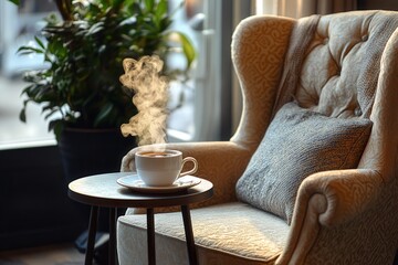 Poster - A cozy cafe corner with a comfortable armchair, a small table holding a steaming cup of tea . A tranquil home environment with calming decor, inviting furniture, and greenery,