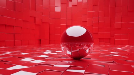 3D rendering of a single sphere surrounded by floating tiles against a bold red background. 