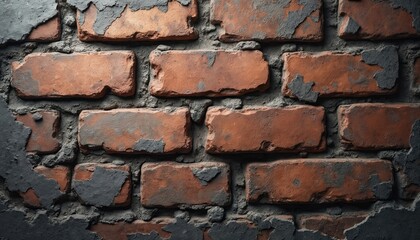 Poster - Grunge texture of cracked red brick wall with damaged plaster and gray cement. Weathered surface, aged background for wallpaper, design, interior decoration. Distressed surface, rustic style.