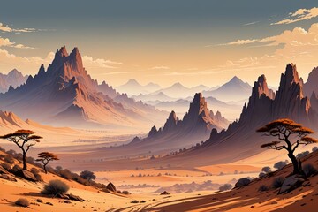 Wall Mural - there is a painting of a desert landscape with mountains and trees