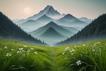 Wall Mural - mountains and grass with white flowers in the foreground