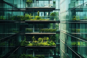 Poster - A contemporary urban office building with a glass faade, green terraces . A building adorned with lush green plants flourishing on its windows, enhancing its natural beauty .