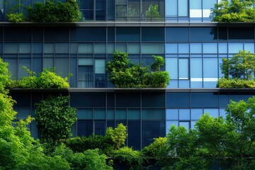 Poster - A contemporary urban office building with a glass faade, green terraces . A building adorned with lush green plants flourishing on its windows, enhancing its natural beauty .