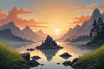 Wall Mural - painting of a sunset over a mountain lake with rocks and grass