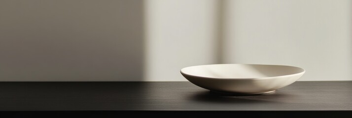 Aufkleber - Blank ceramic plate on a dark tabletop creates an elegant minimalist aesthetic in neutral surroundings