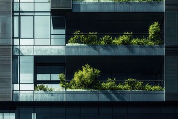 Poster - A contemporary urban office building with a glass faade, green terraces . A building adorned with lush green plants flourishing on its windows, enhancing its natural beauty .