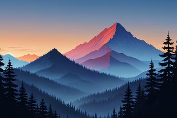 Wall Mural - mountains with pine trees and a sunset in the background