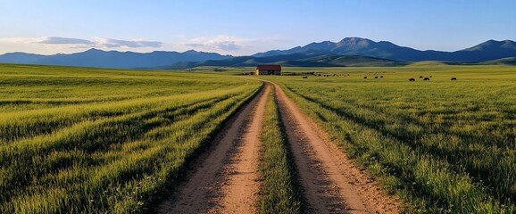 Wall Mural - Dirt Road Leading to Rural Farm Building with Distant Mountain View