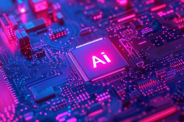 Leinwandbilder - Computer Chip with AI Symbol in Neon Pink and Blue Lights