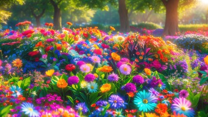 Poster - vibrant summer flower bed in park with colorful blooms and lush greenery showcasing diverse floral b