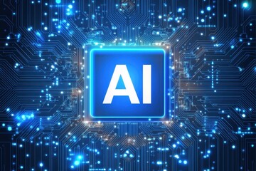 Leinwandbilder - Blue Background with AI Symbol in Abstract Circuit Design Concept