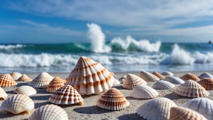 Poster - seashells on a sandy beach with breaking waves and a clear blue sky creating a tranquil coastal scen