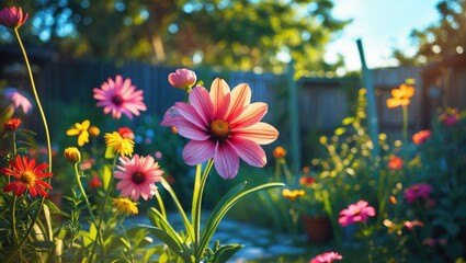 Poster - vibrant summer garden blooming with colorful flowers and natural background with copy space for text