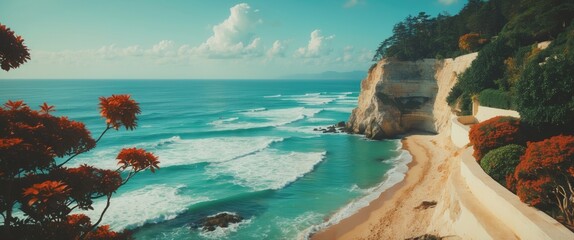 Poster - serene coastal landscape with vibrant flora and gentle ocean waves under a clear blue sky