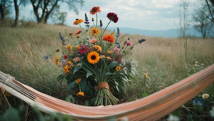 Poster - wildflower bouquet resting in a hammock on a serene meadow with open space for text or messaging. id