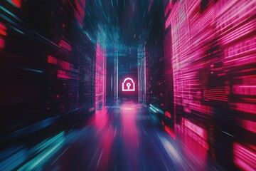Leinwandbilder - Futuristic Data Corridor with Lock Symbol and Neon Light Effects