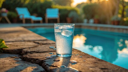 Poster - glassy iced water on stone edge by poolside in morning light with relaxing chairs in background