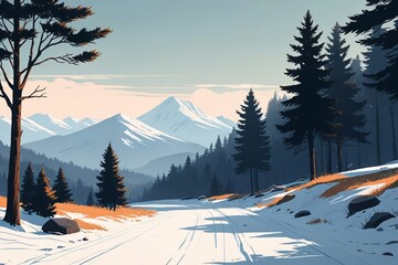 Wall Mural - snowy road with trees and mountains in the background