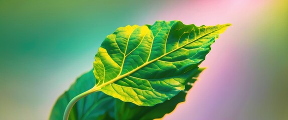 Poster - vibrant green leaf against a soft gradient background with ample space for text or branding highligh