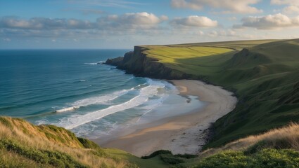 Poster - tranquil hidden beach surrounded by lush green cliffs and gentle waves under a blue sky