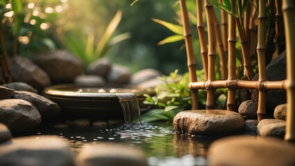 Poster - Tranquil bamboo water feature surrounded by stones and greenery creating a serene natural environment for relaxation and meditation.