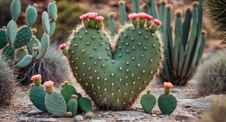 Poster - heart-shaped prickly pear cactus surrounded by small cacti in desert landscape with colorful blooms