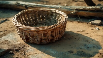 Poster - rustic willow basket lying on its side on a dusty surface with ample empty space for text or brandin