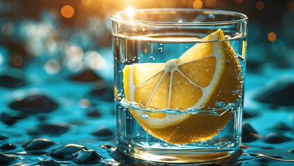 Poster - Refreshing Lemon Slice in Sparkling Mineral Water with Bubbles and Sunlight Reflections on Calm Water Surface