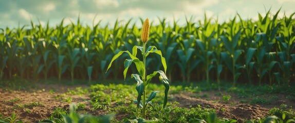 Wall Mural - Vibrant Corn Plant Thriving in Lush Green Field Under Bright Sky Showcasing Agriculture and Growth in Nature's Bounty