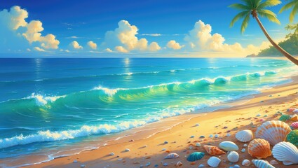 Poster - vibrant beach scene under a clear blue sky with gentle waves, palm trees, and seashells along the go