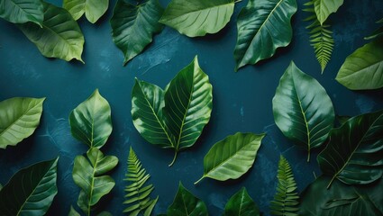Poster - elegant arrangement of green leaves on dark blue background with ample space for text, ideal for nat
