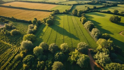 Canvas Print - Aerial View of Lush Green Fields and Forests under Golden Hour Lighting