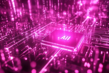 Leinwandbilder - Futuristic Digital Circuit With Processor Chip and Neon Background