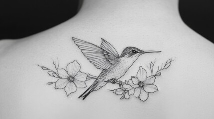 Canvas Print - Delicate Hummingbird Tattoo with Floral Design