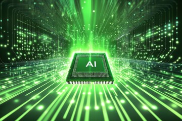 Leinwandbilder - Futuristic AI Chip Surrounded by Digital Green Light and Data Flow
