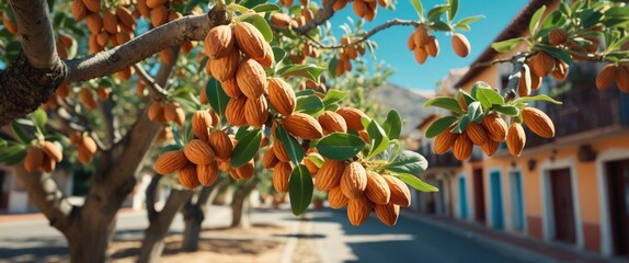 Poster - Almonds on tree branches under blue sky in Costa Blanca with colorful buildings in background capturing rural environment and natural beauty