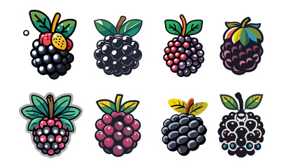 Poster - Sets icon collection of stylized illustrations blackberries, each with unique designs and vibrant colors, showcasing the fruit's artistic diversity