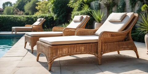 Canvas Print - Stylish Wicker Poolside Loungers Surrounded By Lush Greenery In A Tranquil Outdoor Environment Ideal For Relaxation And Sunbathing