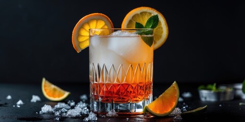 Wall Mural - Vibrant Aperol Cocktail Garnished with Citrus and Mint on Black Background with Space for Text and Design Elements