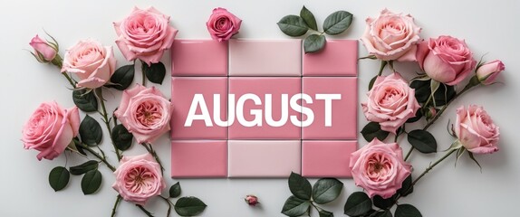 Sticker - Pink Tile Arrangement with Floral Accents Featuring the Word August and Blank Space for Custom Text on a Light Background