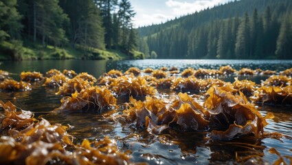 Poster - Serene Lake View with Dry Seaweed and Lush Forest in the Background Under Bright Sunlight Natural Environment Scene