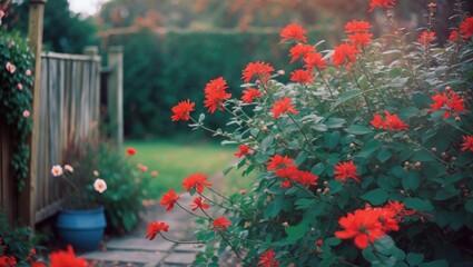 Wall Mural - Vibrant Backyard Garden Scene with Lush Red Flowers and Natural Greenery Featuring Space for Text or Overlay