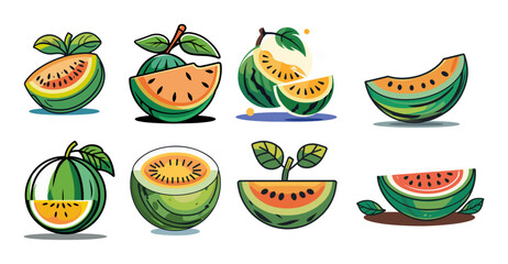 Poster - Sets icon collection of Stylized illustrations various watermelons and slices, each with unique artistic designs and vibrant colors, showcasing the fruit's refreshing appeal