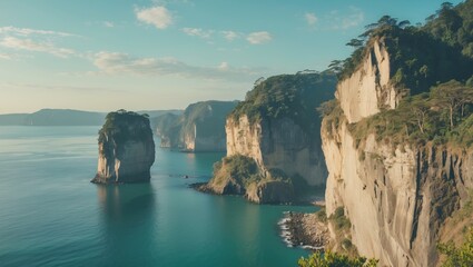 Poster - Majestic Morning Cliff Landscape on Coastal Island with Calm Waters and Lush Vegetation Perfect for Nature-Inspired Design Projects