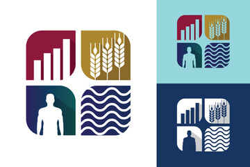 Aufkleber - The image shows an emblem logo design of a square shape in four segments with each segment has human, water, harvest, and graph bar icon. The logo looks clean and modern on a white background.