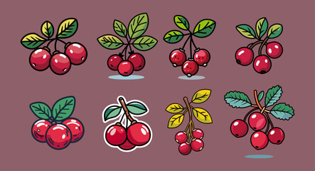 Fototapete - Sets icon collection of unique illustrations of cherries with leaves on a purple background, each featuring different styles and arrangements, creating a vibrant and diverse visual.