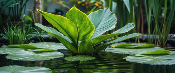 Poster - Lush Elephant Ear Plant Leaves Gracefully Floating in Tranquil Pond Surrounded by Serene Greenery and Reflective Water Surface.