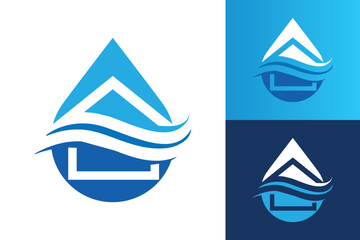 Aufkleber - The image shows a flat logo design of a water drop with a house icon in blue color. The logo looks clean and modern on a white background.